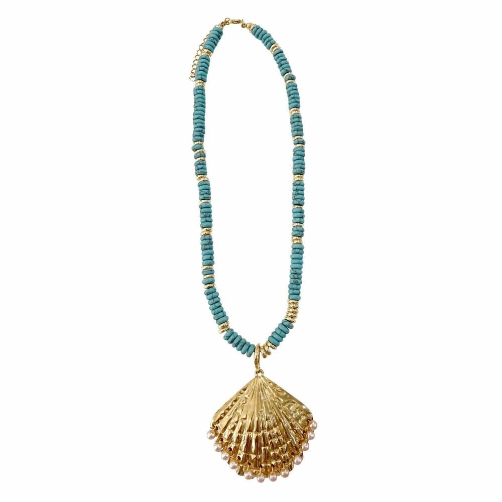 NEW GEMELLI women's sunlee beaded necklace with shell pendant in turquoise